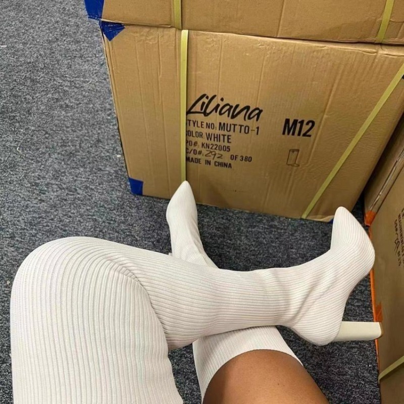 Knee High Sock Women - รองเท้าบูทแฟชั่นผู้หญิงแบบเซ็กซี่เหนือเข่า ปลายแหลม ผ้าถักริบบิ้น ยืดหยุ่น สวมใส่สบาย ส้นสูงทรงบล็อก